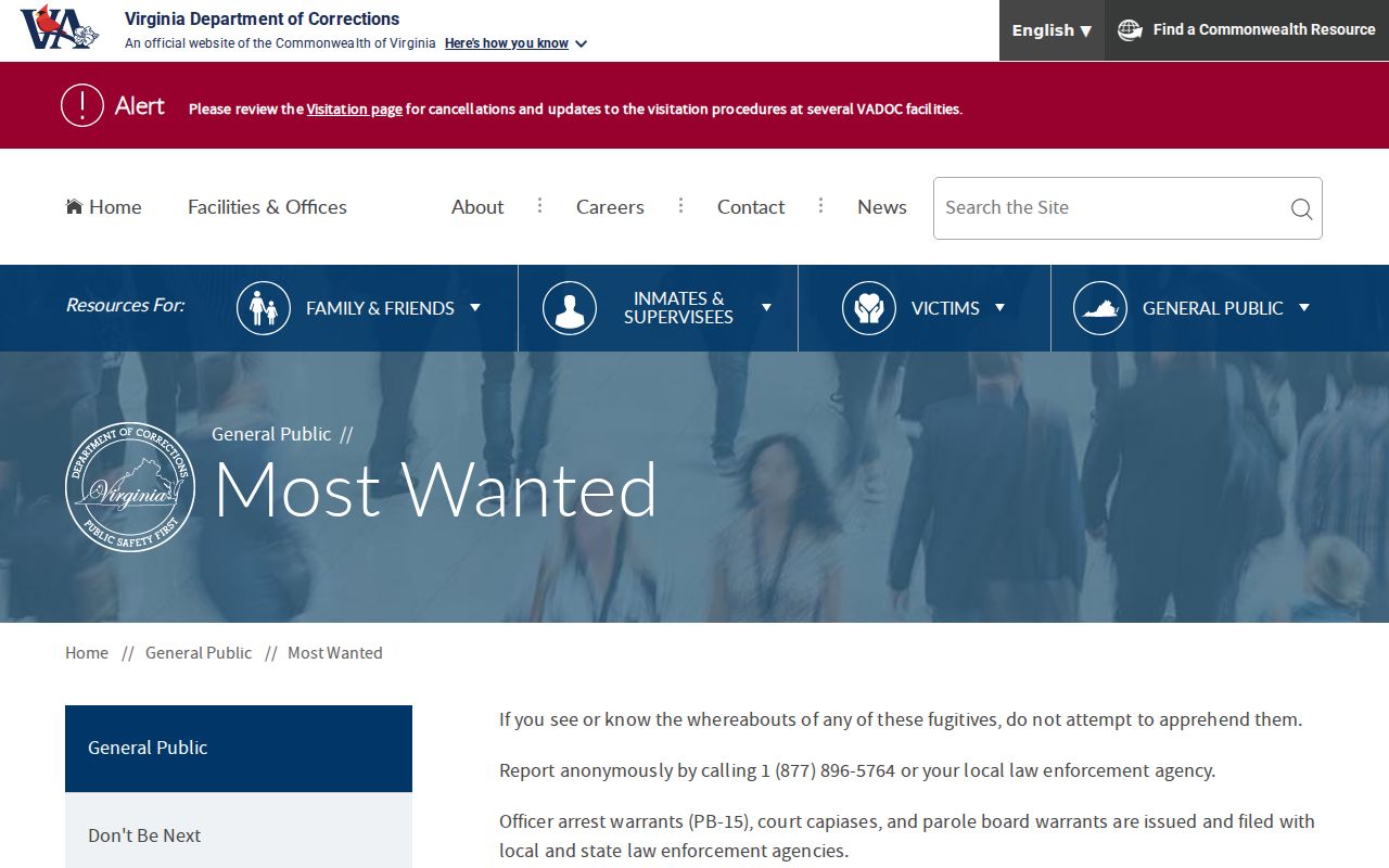 Bath County most wanted resources and Virginia DOC tip program banner