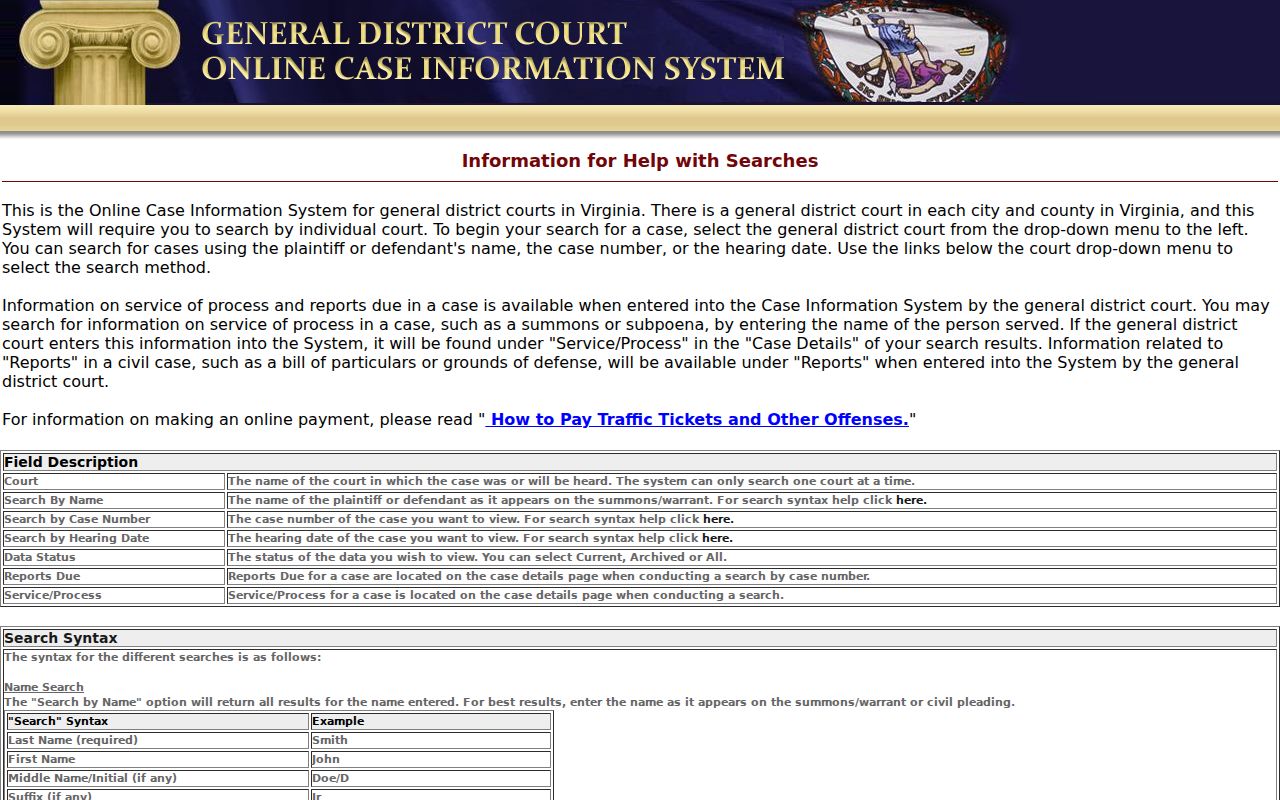 Bath County warrant search field and filter instructions